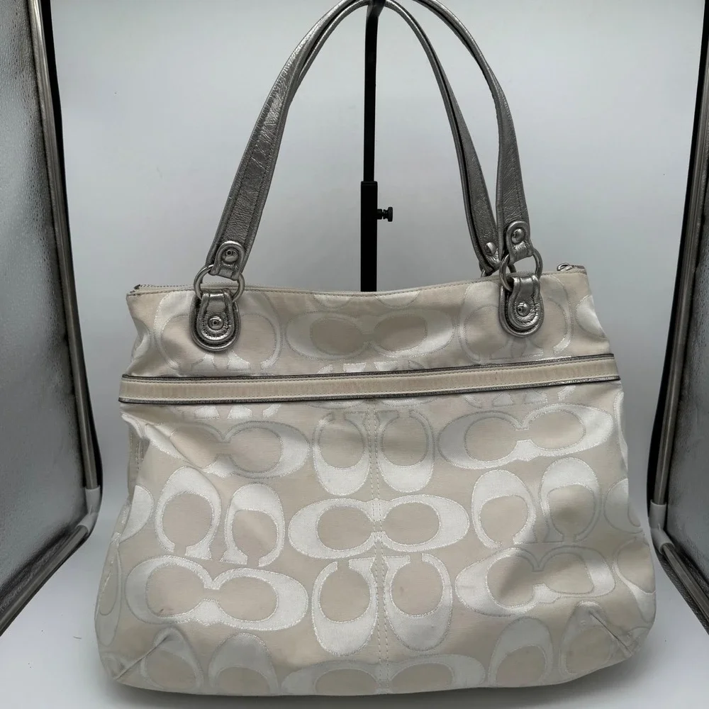Vintage COACH Poppy Signature Sateen Glam Tote Bag White Silver Metallic 17x14